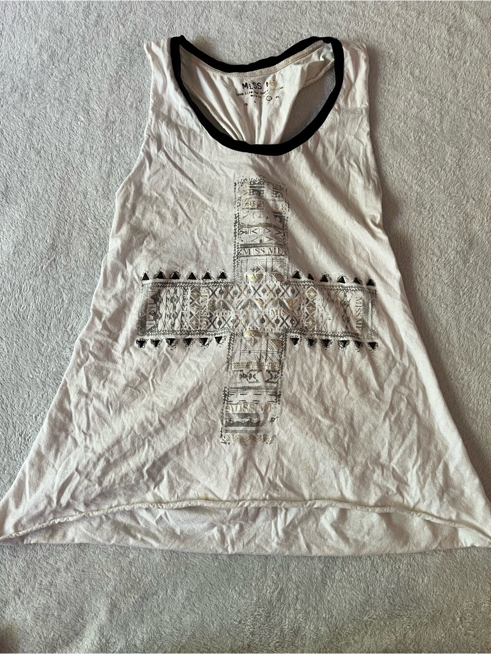 Miss Me White Graphic Twist Back Tank Top with Black Trim